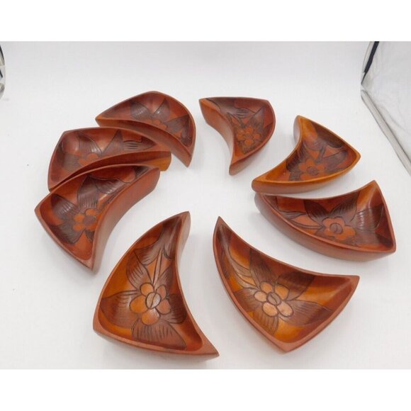 8 Piece Monkey Pod Wooden Set Serving Set Decrotive VINTAGE Hand Carved - Picture 5 of 9